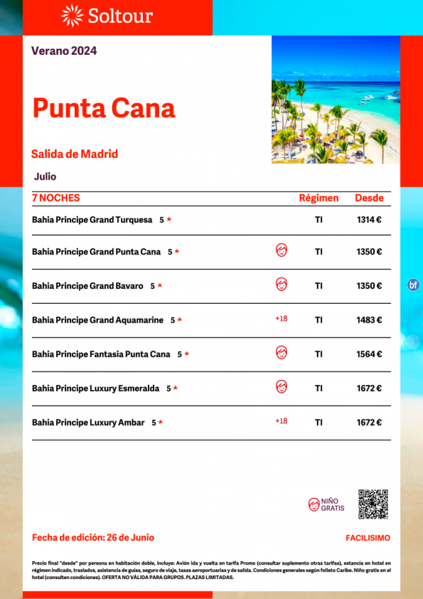 Punta Cana (República Dominicana) desde 1.314 € , salidas en Julio desde Madrid