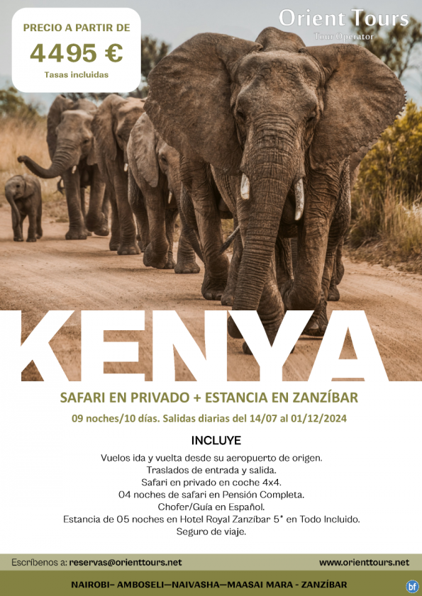 Kenya y Tanzania.  Viaje de 10 días. Safari + estancia en Zanzibar. Salida diaria.