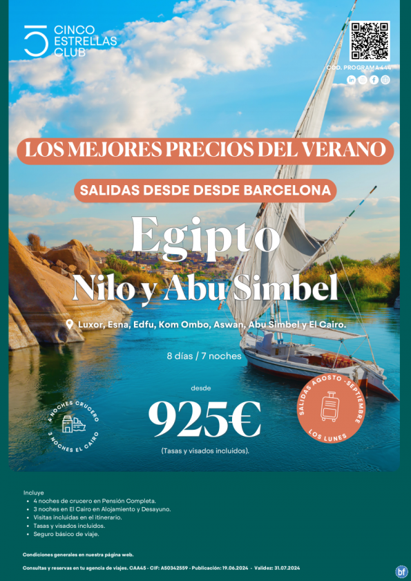 Nueva Oferta Egipto dsd 925 € Nilo y Abu Simbel 8d/7n salidas lunes agosto-septiembre en chárter dsd Barcelona