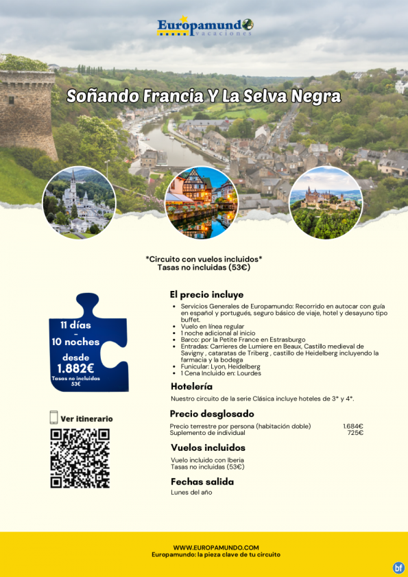 Soñando Francia y la Selva Negra: 11 días desde 1.882 € (vuelos incluidos, tasas no incluidas)