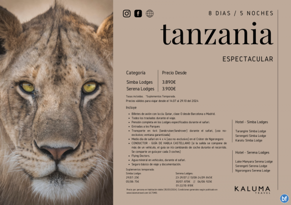 Tanzania Espectacular 8 Días / 5 Noches Salidas Garantizadas hasta Diciembre desde 3.850 € 