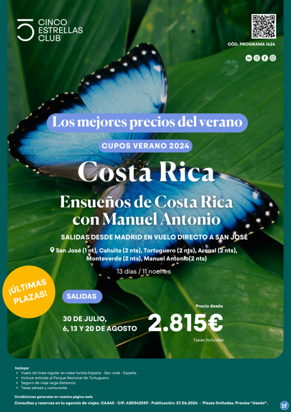 Últimas Plazas!Costa Rica dsd 2.815 € Ensueños con Manuel Antonio 13d/11n dsd Mad salidas julio:30 ago:6,13,20