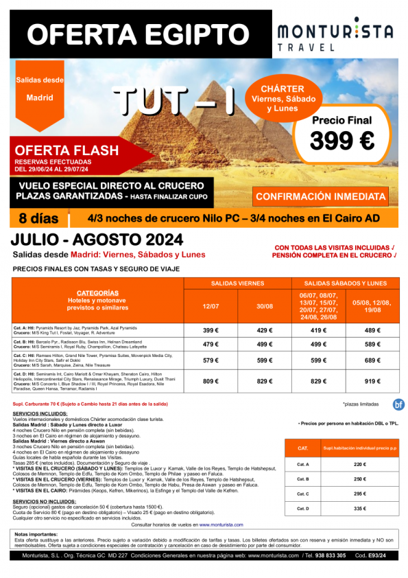 of.Flash®- TUT I **desde 399 € -GANGA-salida desde Madrid vnes,sáb,lun,8 días,4/3n Crucero, 3/4n Cairo + Visitas