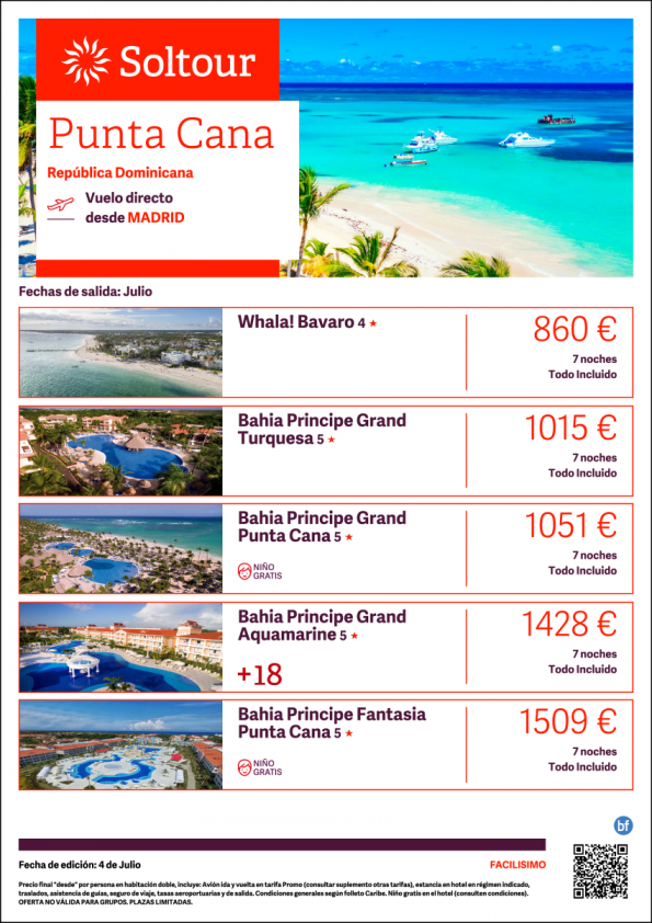 Punta Cana (República Dominicana) desde 860 € , salidas en Julio desde Madrid