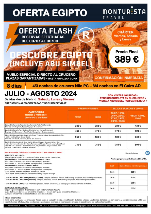 of.Flash®-Descubre Egipto(Incluye ABU SIMBEL)**desde 389 € -salida Mad vnes,sáb,lun, 8 días 4/3ncrucero+3/4n Cai