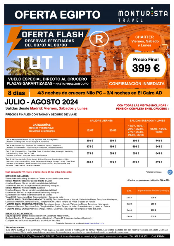 of.Flash®- TUT I **desde 399 € -GANGA-salida desde Madrid vnes,sáb,lun,8 días,4/3n Crucero, 3/4n Cairo + Visitas