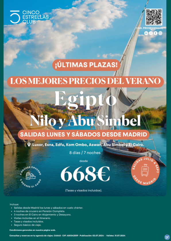 Últimas Plazas! Egipto desde 668 € Nilo y Abu Simbel 8d/7n salidas julio-septiembre en chárter desde Madrid