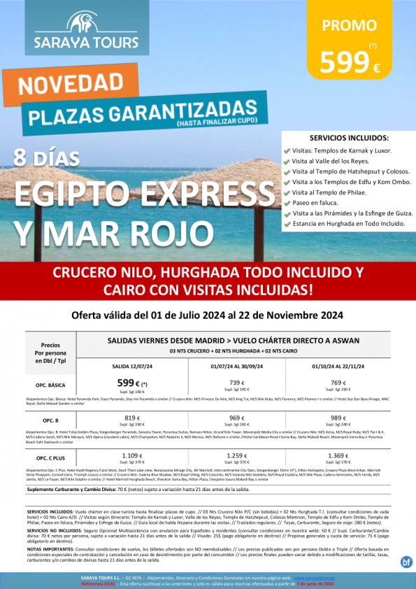 !Exclusivo! Egipto Express y Mar Rojo 8d Salida Viernes dsd MAD*Crz, Hrg y Cairo con Visitas Incl.* dsd 599 € 