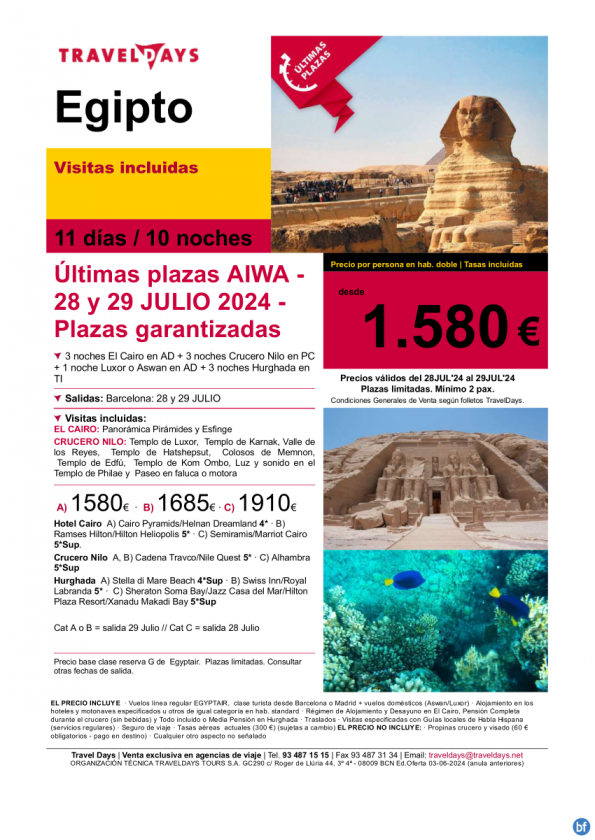 Egipto - Ultimas plazas 11 días con Mar Rojo desde BCN 28 y 29 de julio