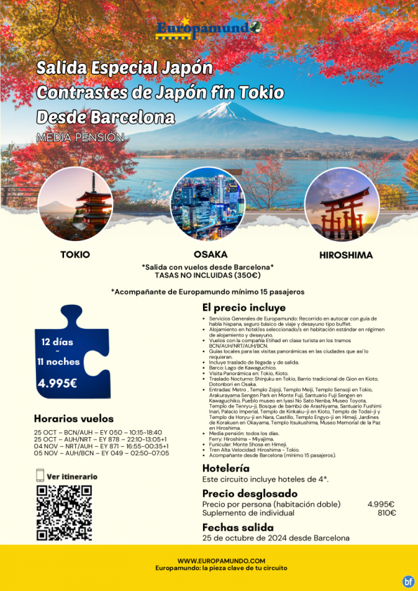 Salida Especial Japón desde Barcelona: 12 días 4.995 € (vuelos incluidos, tasas no incluidas)