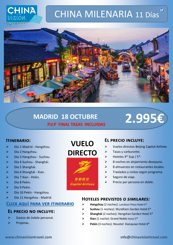 China Milenaria octubre precio FINAL 2995 € tasas incluidas