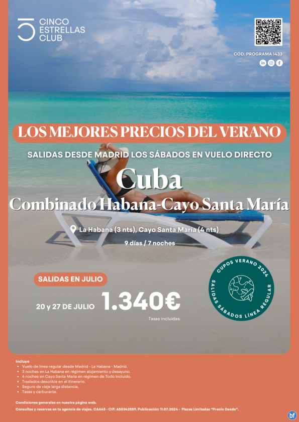 Mejores Precios! Cuba Habana+Cayo Santa María 9d/7n dsd 1.340 € (20 y 27 jul) Sal. dsd Madrid  Últimas plazas!!