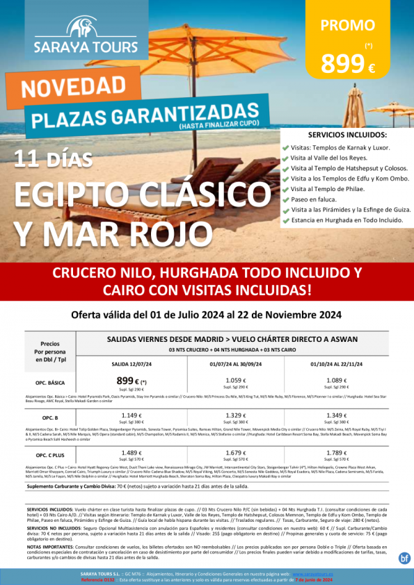 Novedad!Egipto clásico y Mar Rojo 11 d * Viernes dsd Mad* Crz,Hurghada y Cairo. Visitas Incl. dsd 899 € *Cupos*