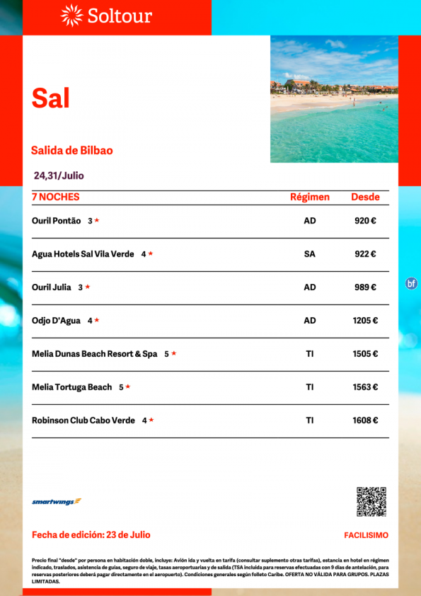 Isla de Sal (Cabo Verdel) desde 920 € , salidas 24 y 31 de Julio desde Bilbao