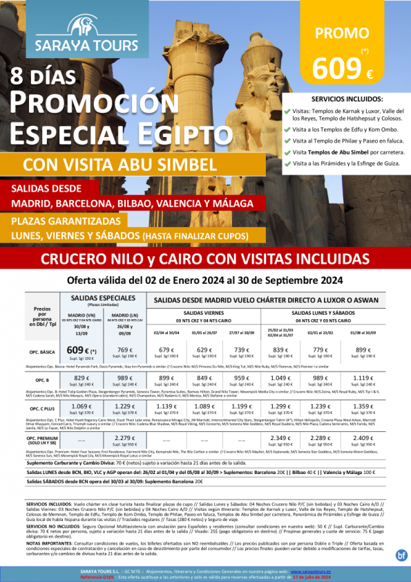 Promo Egipto con Abu Simbel 8d Vuelo a Lxr o Asw *Ln-Vn-Sb* Mad, Bcn, Bio, Vlc, Agp *crz y cai dsd 609 € 