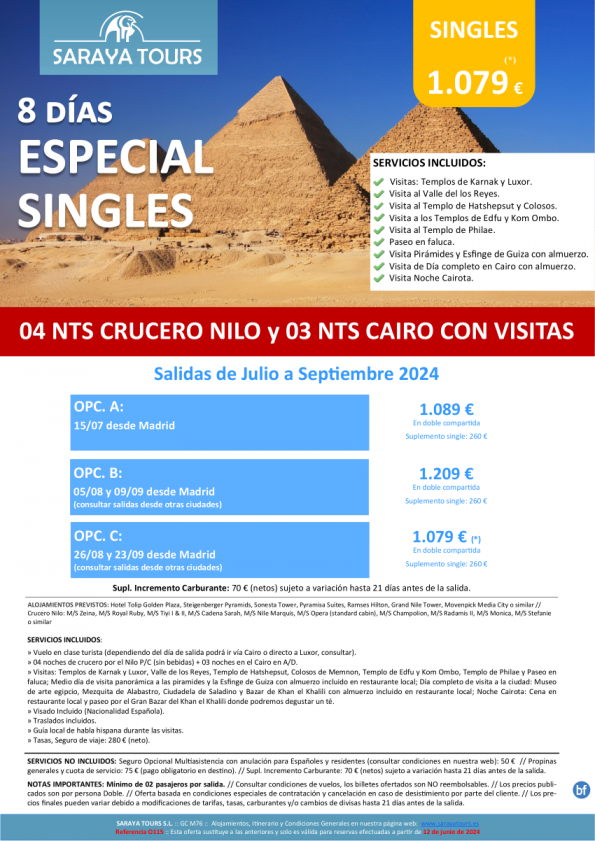 EXCLUSIVO! Singles a Egipto 8 días Crucero y Cairo con Visitas Incluidas hasta dec24