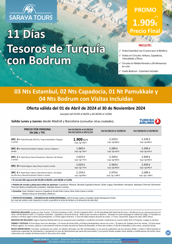 Exclusivo! Tesoros de Turquía con Playa Bodrum 11 días: Circuito con Visitas Incluidas y Playa hasta Nov 24