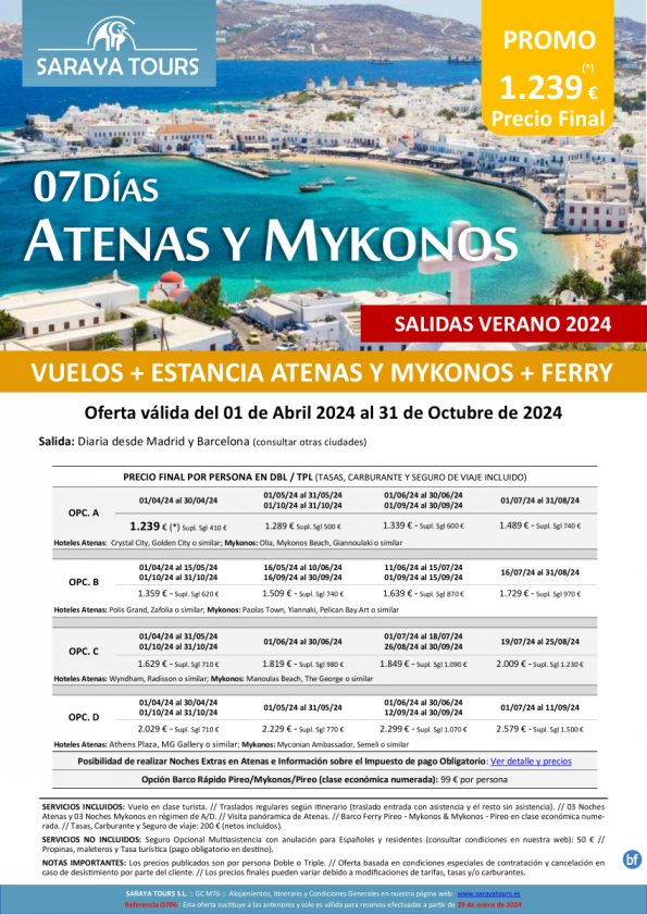 Islas! Atenas y Mykonos 7 días: Vuelo, Hotel, Traslados y Visita Atenas Incluida hasta Oct 24