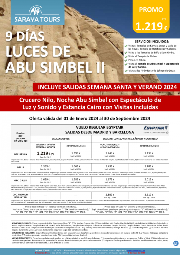 Luces de Abu Simbel 9d dsd Mad y Bcn*Crz, Noche en Abu Simbel+Espectáculo y Cairo con Visitas*hasta Sep