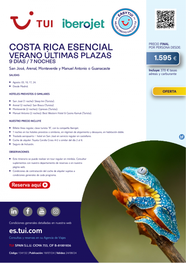 Costa Rica Esencial. 9 d/ 7 n. Easy TUI. Vuelos con Iberojet. Salidas agosto desde MAD desde 1.595 € 