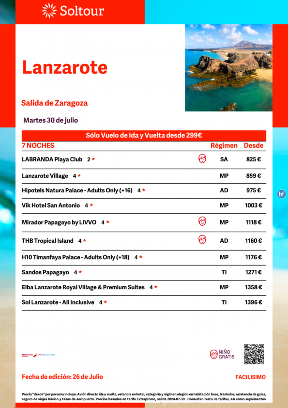 Lanzarote desde 825 € , salida 30 de Julio desde Zaragoza
