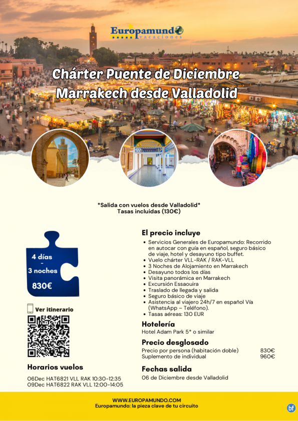 Chárter Puente de Diciembre Marrakech desde Valladolid: 4 días 830 € (vuelos y tasas incluidas)