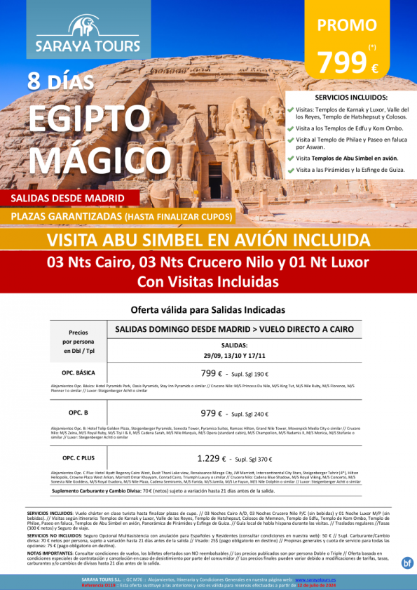 NUEVO! Egipto Mágico 8d dsd Mad, Abu Simbel en avión Incl. Cairo, Crucero Nilo y Luxor con visitas dsd 799 € 