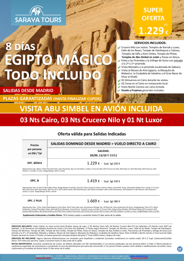 NUEVO!Egipto Mágico Todo incluido dsd Mad. Incl Abu simbel avion. Cai,Crz y Lxr. Visitas,visa y propinas incl.