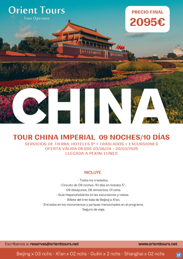 CHINA. Tour China Imperial 09 noches con guía en español. Salida domingo.