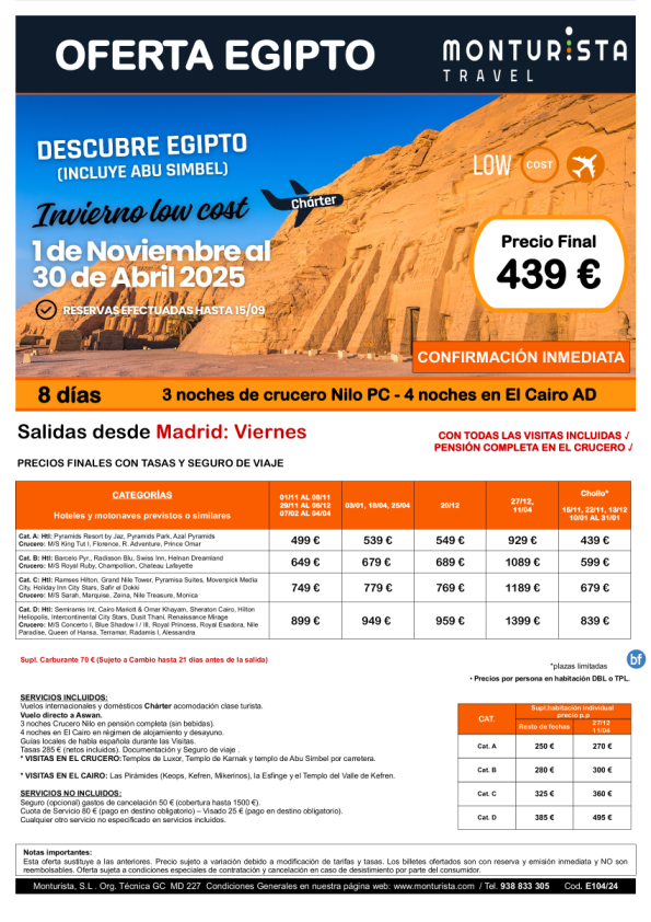 INVIERNO Low Cost Descubre Egipto(incluye Abu Simbel)desde 439 € -salida Mad viernes 3n crucero 4n cairo+visitas