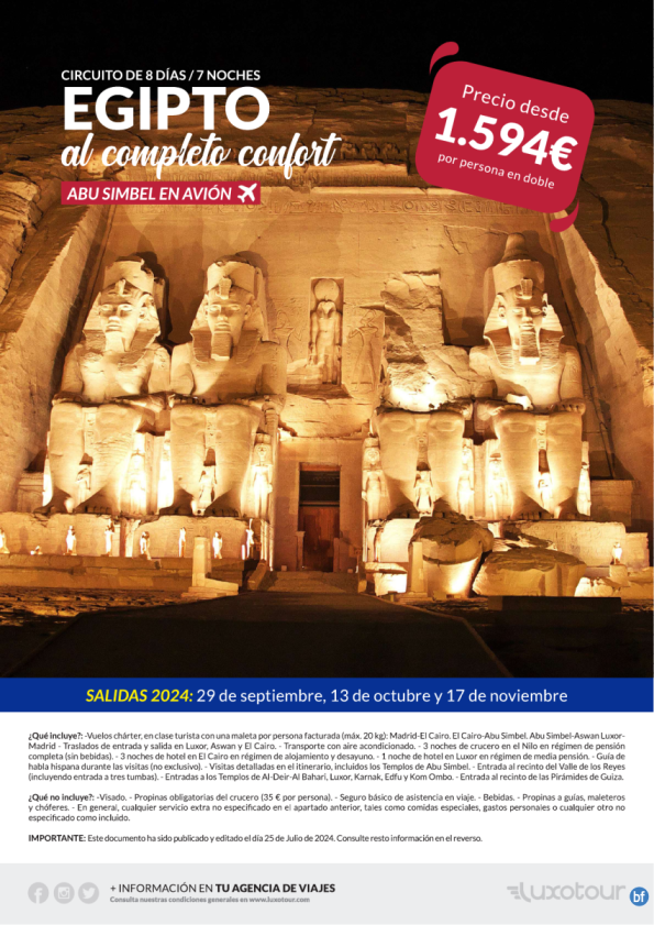 Egipto al completo confort, Abu Simbel en avión, circuito 8 días / 7 noches