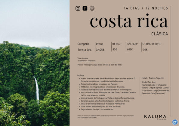 Costa Rica Clásica 12 noches - Salidas Diarias hasta Diciembre desde 3.405 € 