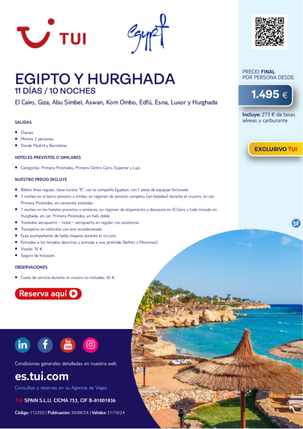 Egipto y Hurghada. 11 d / 10 n. Exclusivo TUI. Salidas diarias desde MAD y BCN desde 1.495 € 