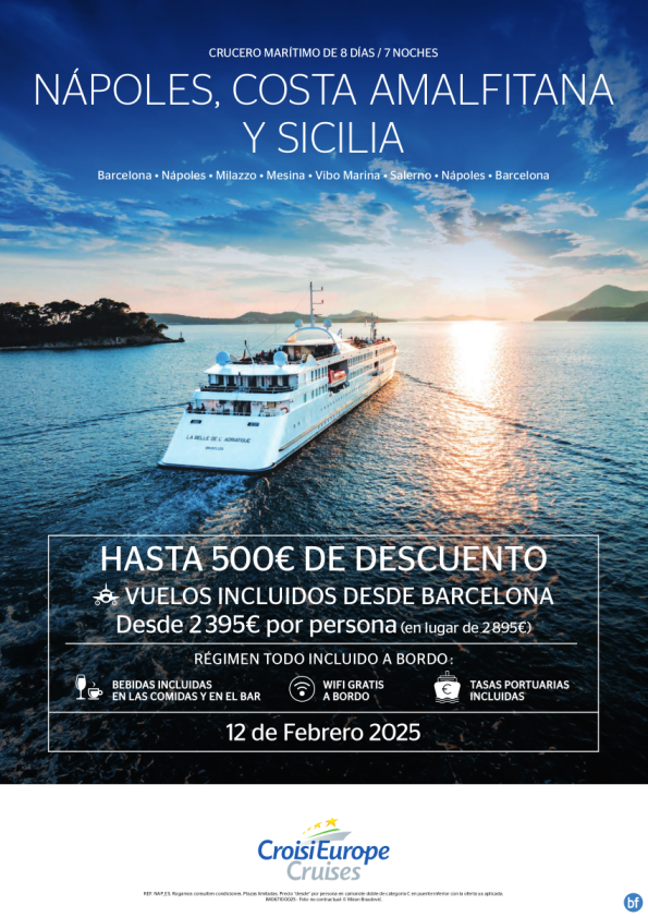 500? DTO. y vuelos Barcelona incluidos - crucero Nápoles y Sicilia - 8 días - rég. Todo Incluido - 12/02