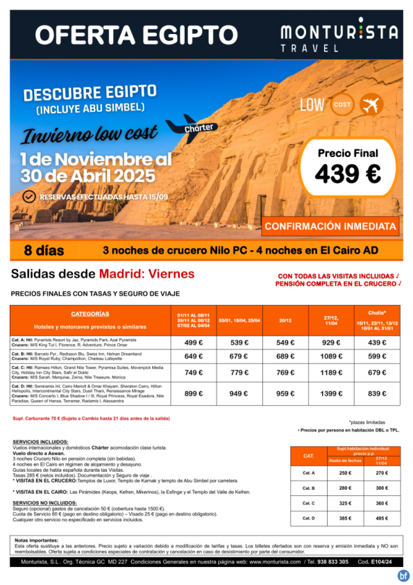 Invierno Low Cost Descubre Egipto(incluye Abu Simbel)desde 439 € -salida Mad de NOV24aAPR25 3ncruc+4ncai+visitas