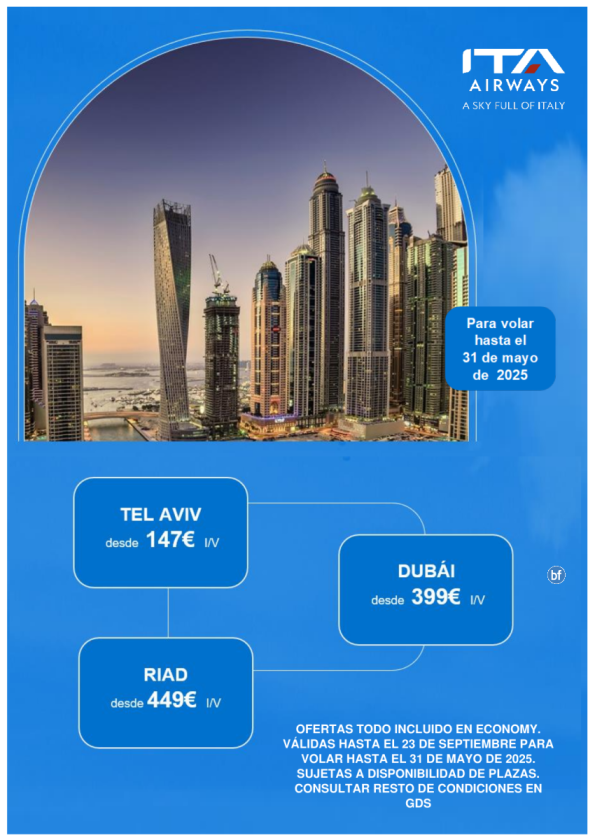 Promoción especial de ITA Airways a destinos en Oriente Medio. Venta hasta el 23sep para volar hasta el 31may