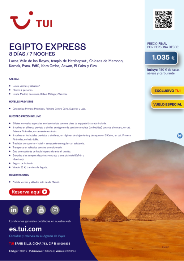 Egipto Express. 8 d / 7 n. Exclusivo TUI. Vuelo especial. Desde 1.035 € 