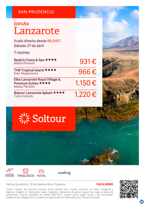 Lanzarote - Especial San Prudencio desde 931 € , salida 27 de Abril desde Bilbao