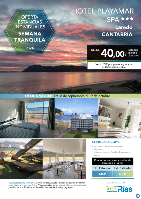 Semana Tranquila Hotel Playamar Spa 3* (Laredo - Cantabria).- Hoteles para Individuales