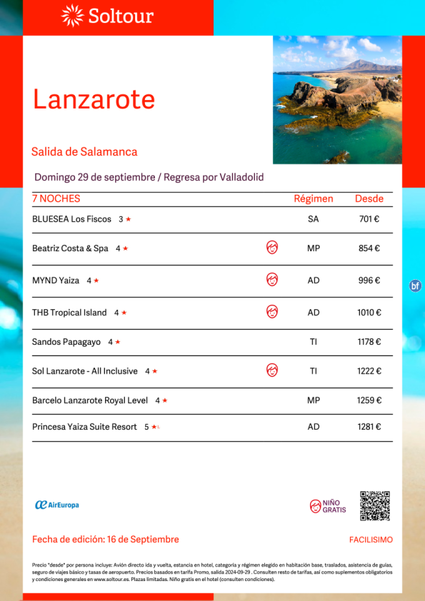 Lanzarote desde 701 € , salida 29 de Septiembre desde Salamanca