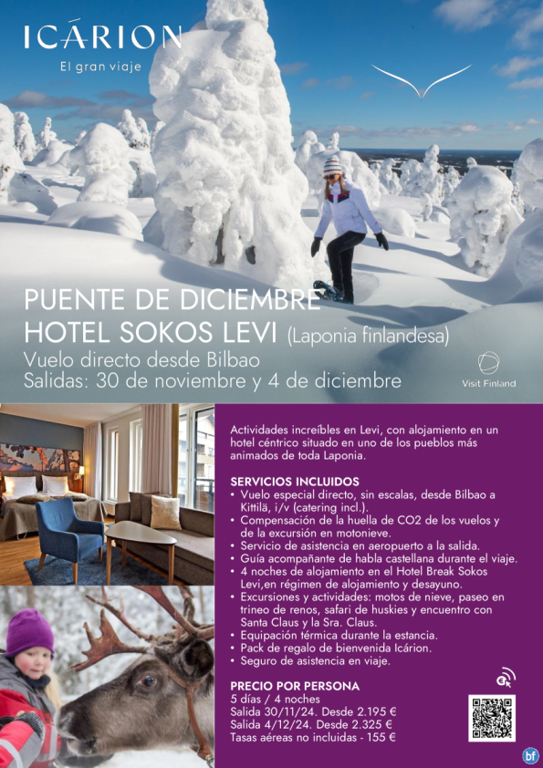 Puente de Diciembre. Hotel Sokos Levi. Vuelo directo desde Bilbao. Salidas 30 noviembre y 4 diciembre