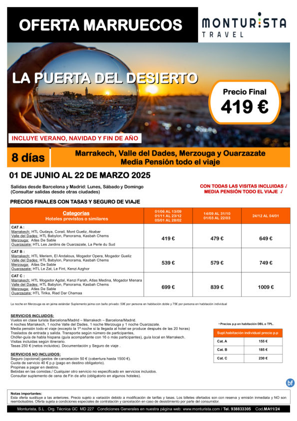 MARRUECOS- La puerta del desierto**desde 419 € -8 días, Marrakech, valle del dades, Merzouga y Ouarzazate en MP