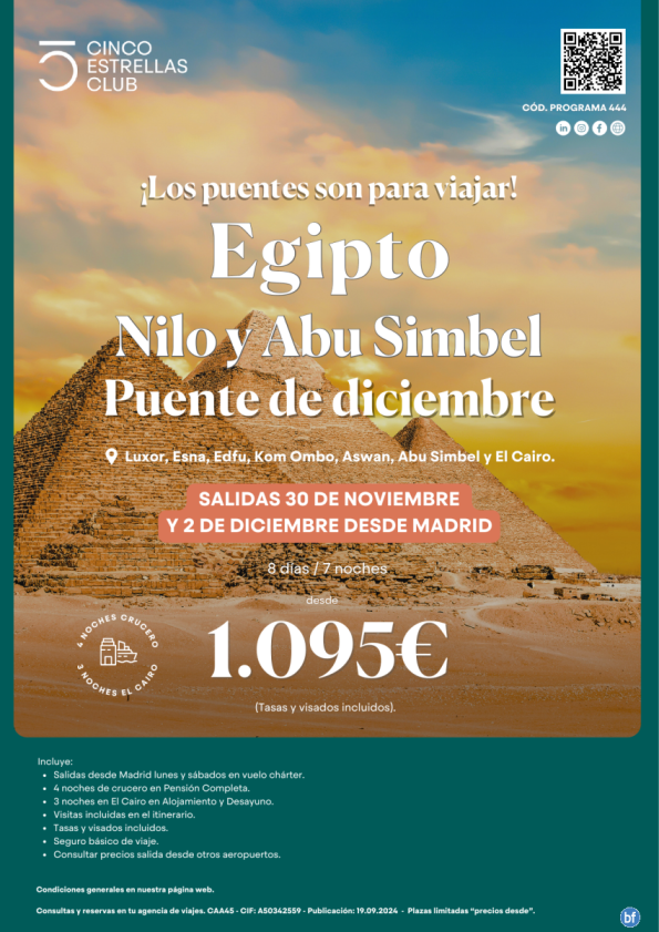 Puente de Diciembre! Egipto dsd 1.095 Nilo y Abu Simbel 8d/7n salidas 30 de nov. y 02 de dic. desde Madrid