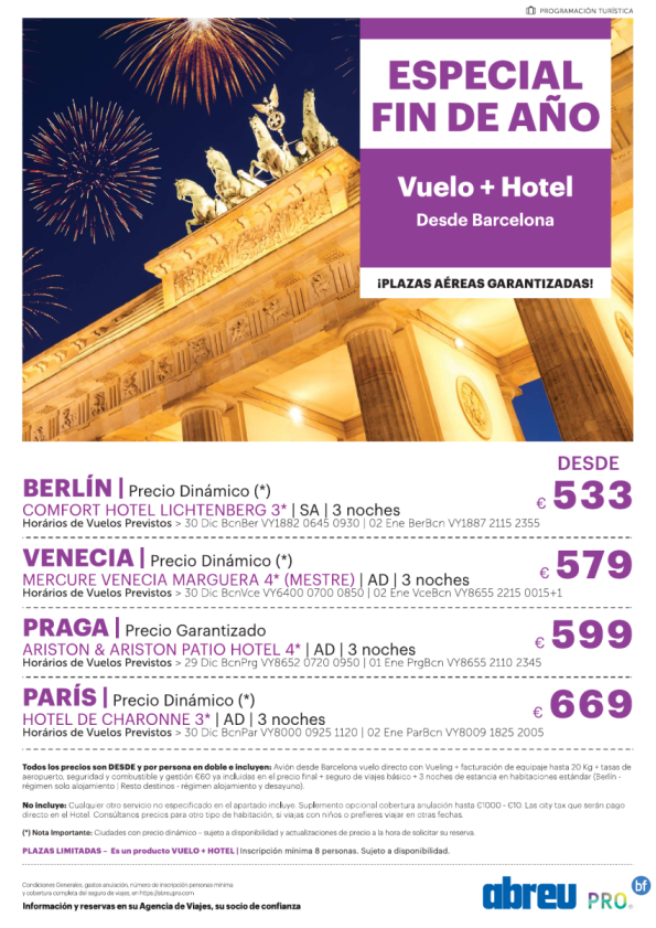 Fin de Año Berlin, Venecia, Praga, Paris 4 dias con avion desde  Barcelona 533 € 