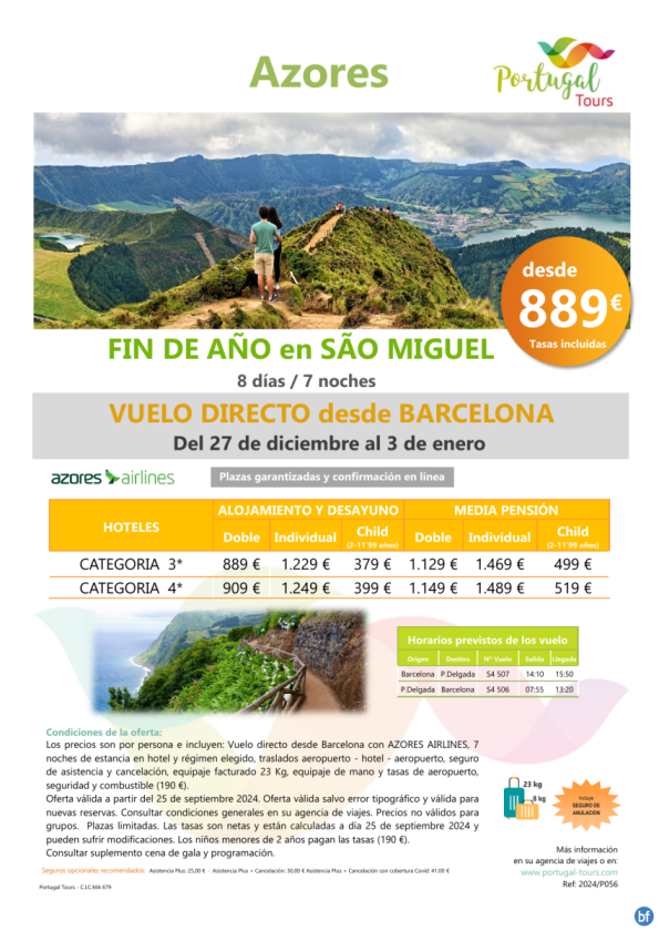 Fin de año en AZORES - Isla de Sao Miguel -*27dec- 3 ene* 8 días/7 noches desde Barcelona desde sólo 889 € 