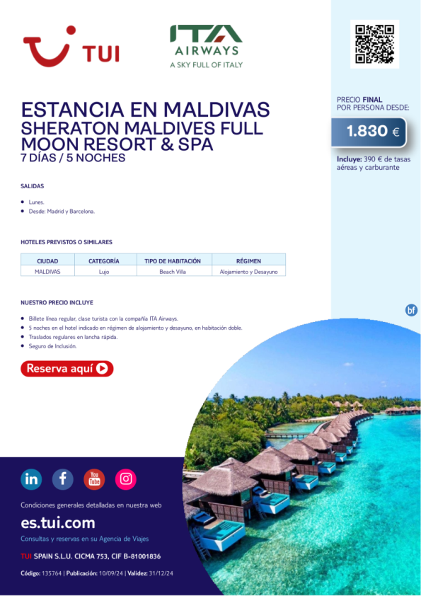 Estancia en Maldivas. Sheraton Maldives Full Moon Resort & Spa. Lujo. 7 d / 5 n. Desde Mad y Bcn desde 1.830 € 