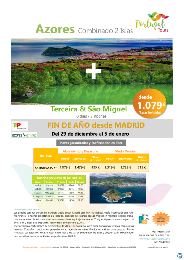 AZORES Fin de año Combinado Terceira & Sao Miguel *29dec-5jan* 7 noches desde Madrid por sólo 1.079 € 