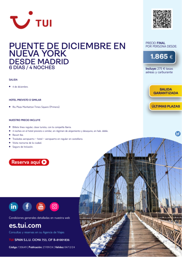 Puente de diciembre en Nueva York. 6 d / 4 n. Salida Garantizada 04 dic desde MAD desde 1.865 € 