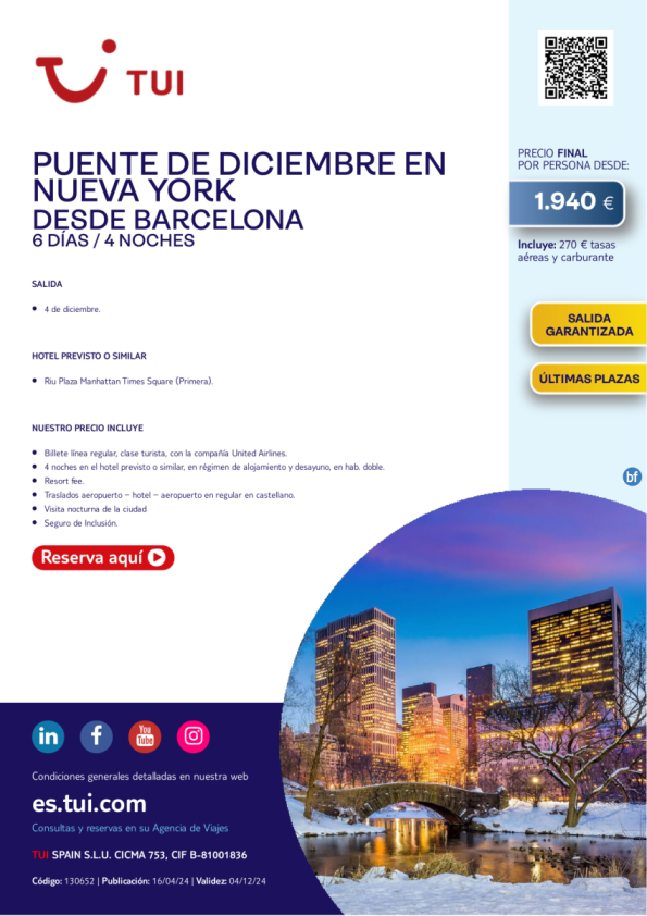 Puente de diciembre en Nueva York. 6 d / 4 n. Salida Garantizada 04 dic desde BCN desde 1.940 € 