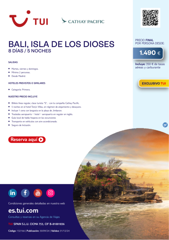 Bali, la Isla de los Dioses. 8 d / 5 n. Vuelos con CX. Exclusivo TUI. Salidas desde MAD desde 1.490 € 